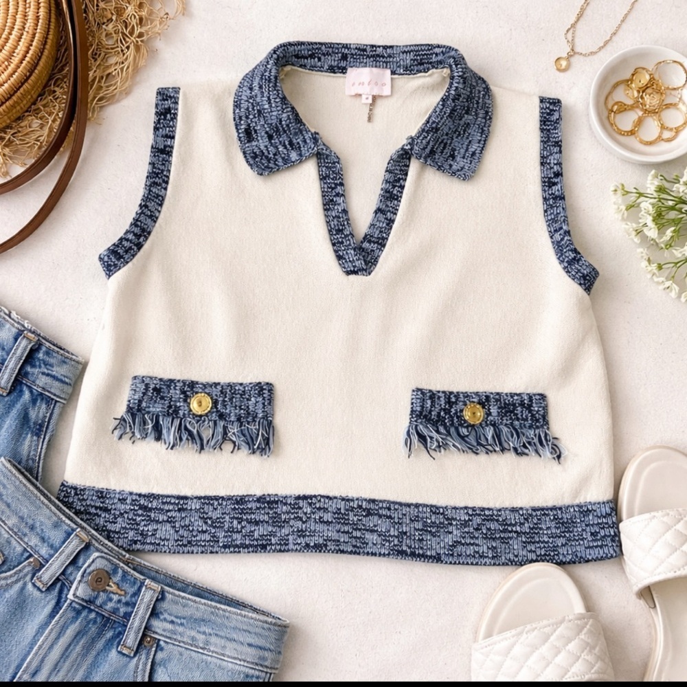 Entro Sleeveless Sweater Pullover Vest Crop Creme Blue Fringe Preppy Size Small